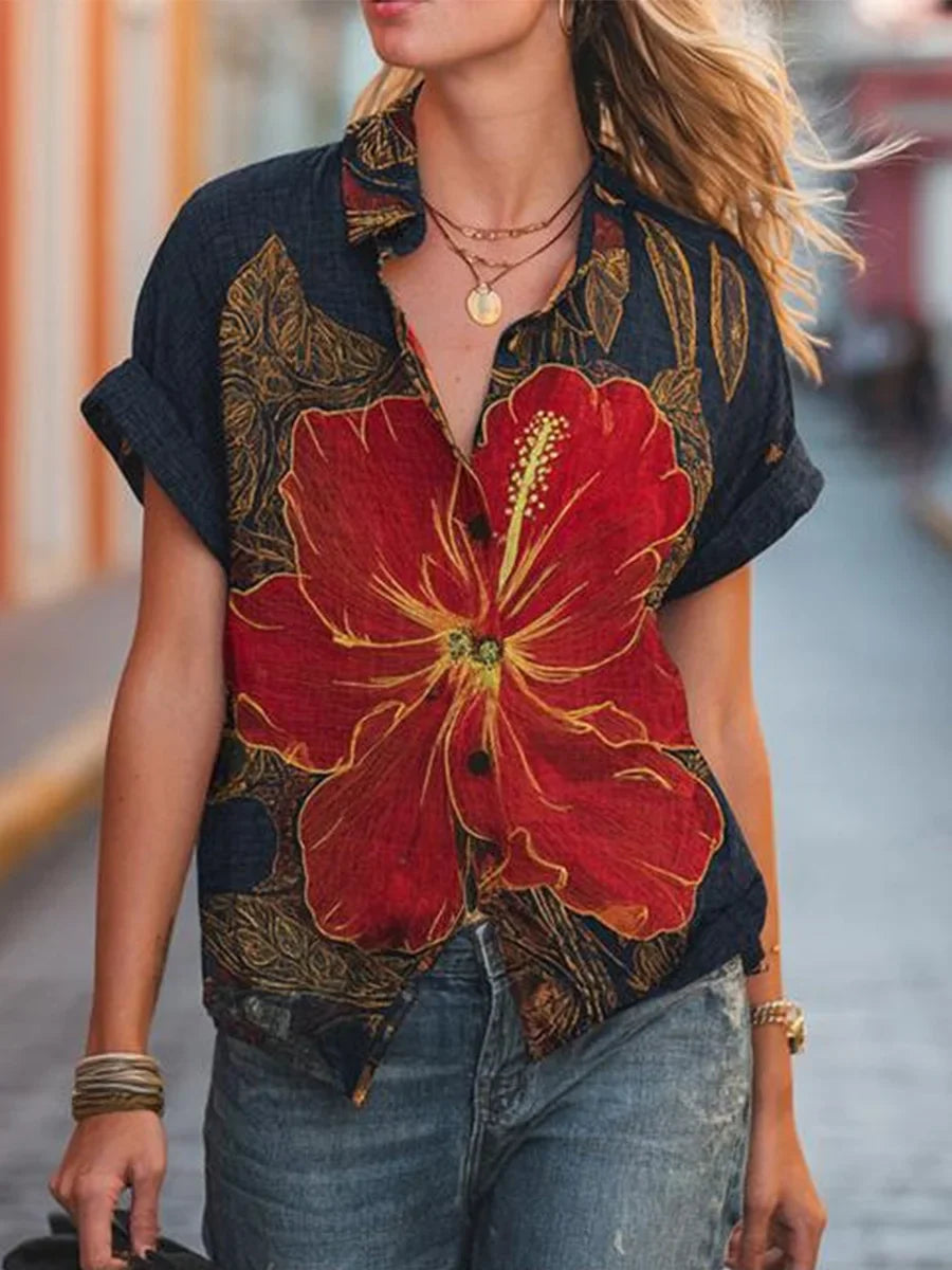 Bold Tropical Hibiscus Print Short Sleeve Top