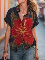Bold Tropical Hibiscus Print Short Sleeve Top