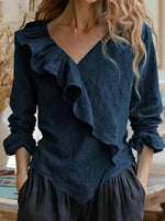 Elegant Navy Plain Ruffle Wrap V-neck Long Sleeve Top