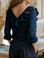 Elegant Navy Plain Ruffle Wrap V-neck Long Sleeve Top