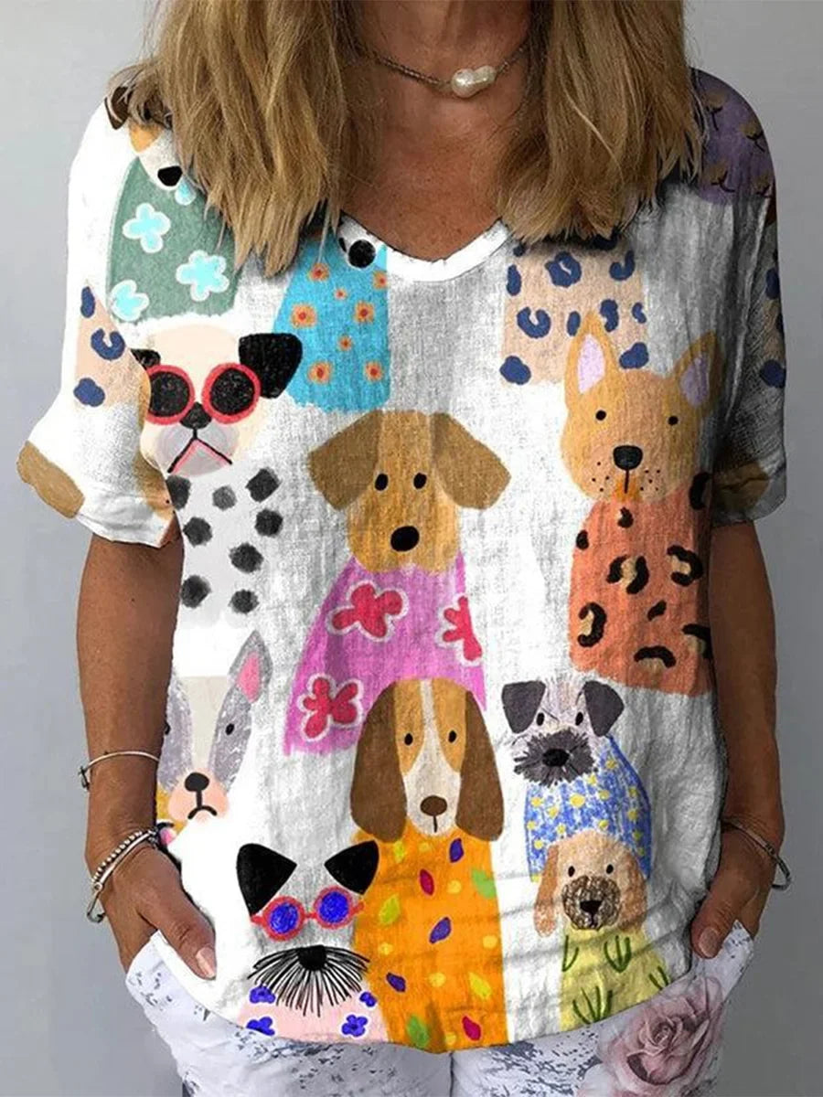 Whimsical Dog Print Short Sleeve Top