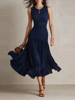 Navy Round Neck Sleeveless Plain Midi Dress