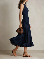 Navy Round Neck Sleeveless Plain Midi Dress
