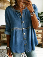 Blue Round Neck Long Sleeve Button Down Top