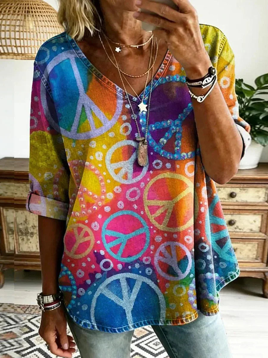 Rainbow Peace Sign Print V-neck 3/4 Sleeve Top