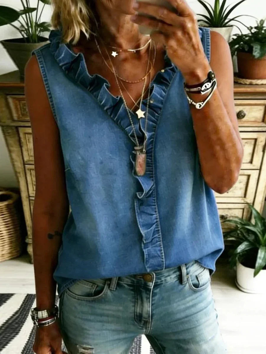 Blue Ruffle Sleeveless Top