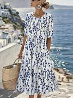 Coastal Botanical Print Round Neck Short Sleeve Midi Dress