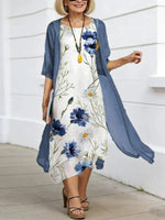 Elegant Blue Floral Print Midi Dress With Jacket