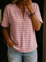 Cozy Casual Henley Collar Striped Short Sleeve T-shirt