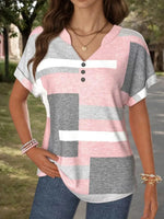 Color-block V-neck Short Sleeve Blouse