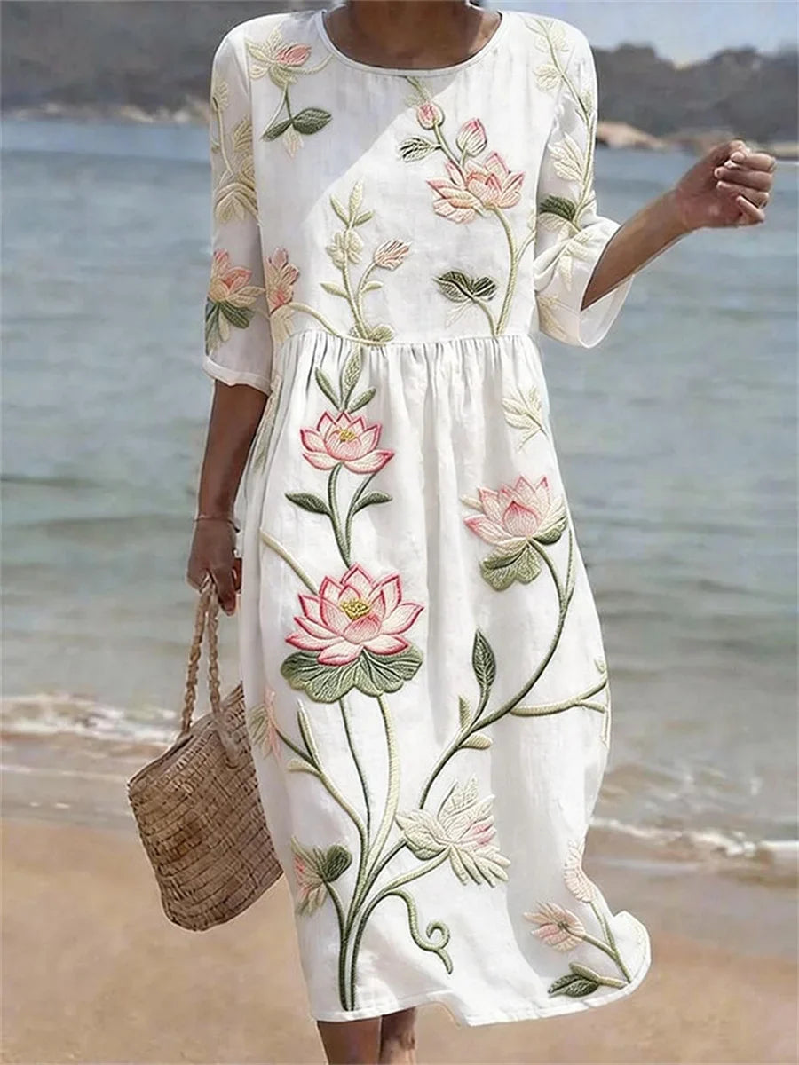 Vintage Lotus Art Pattern Loose Round Neck 3/4 Sleeve Dress