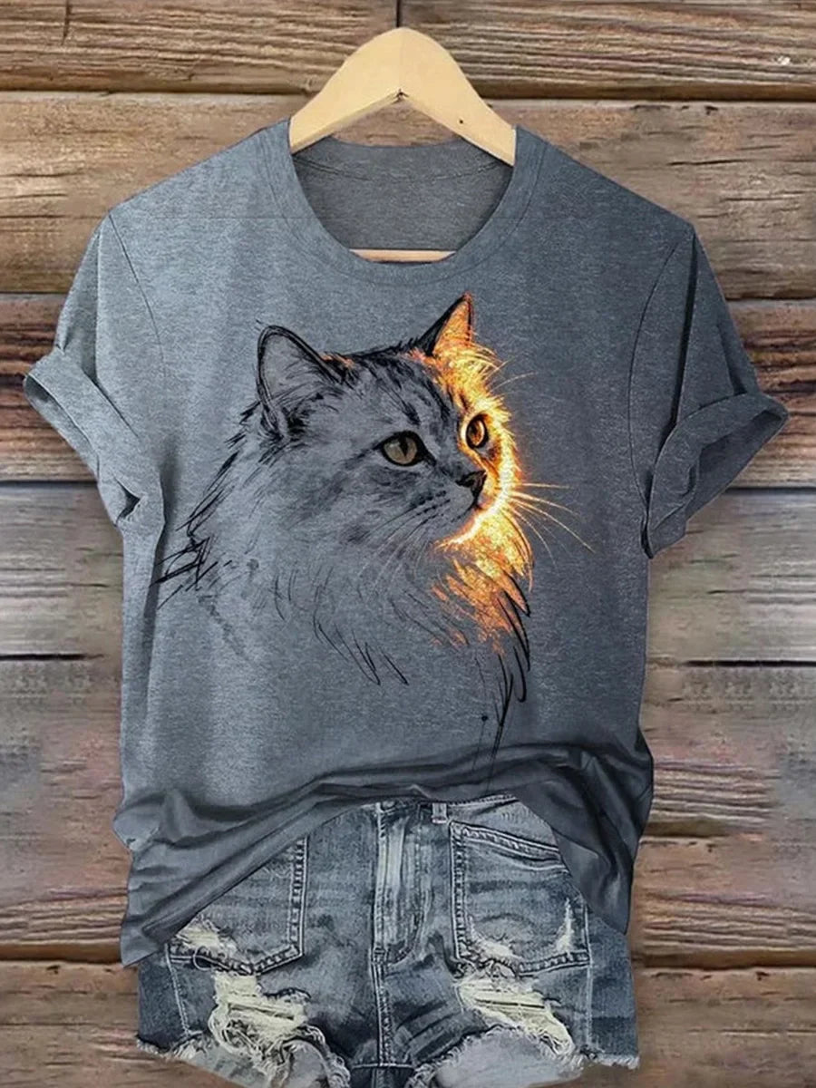 Gray Cat Print Round Neck Short Sleeve T-Shirt