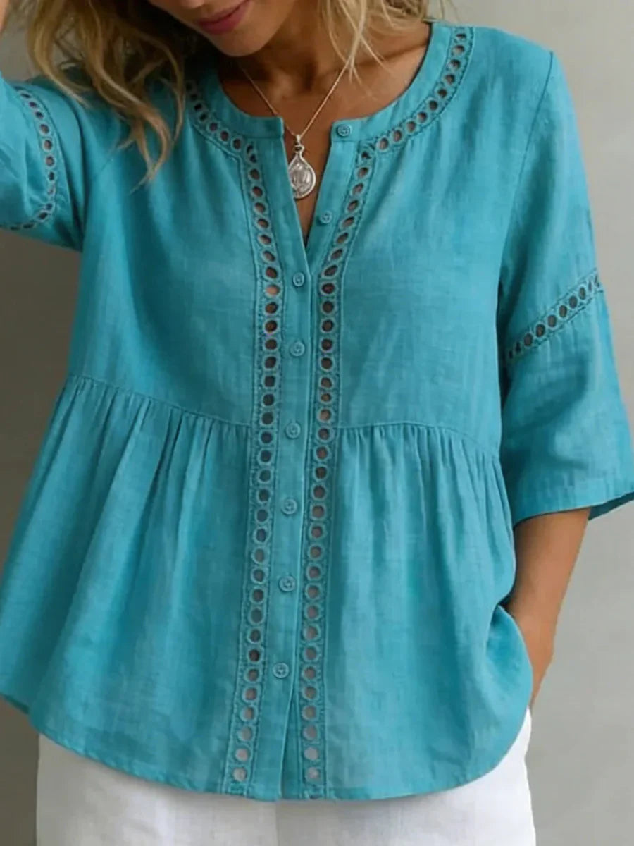 Teal Eyelet Detail Round Neck Short Sleeve Blouse