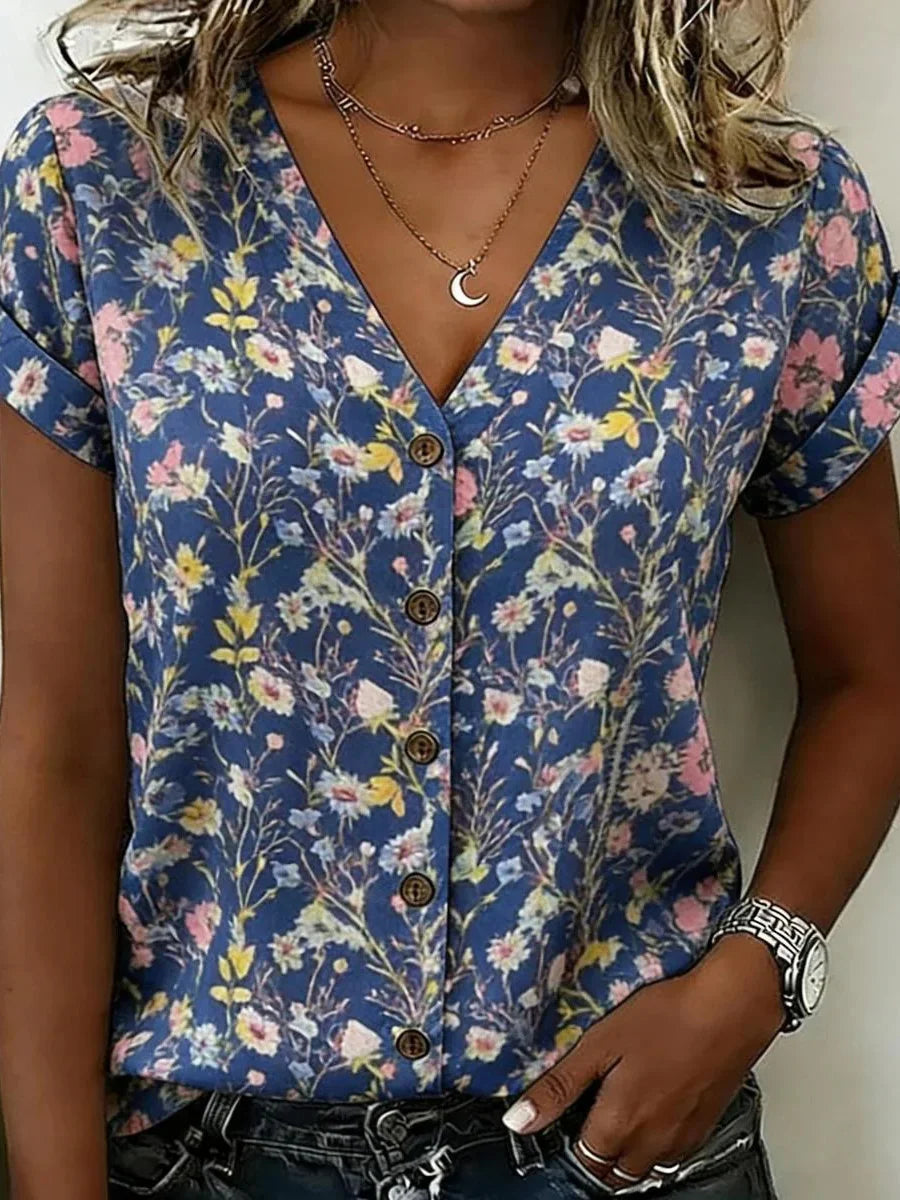 Navy Floral V-neck Short Sleeve Blouse