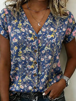 Navy Floral V-neck Short Sleeve Blouse