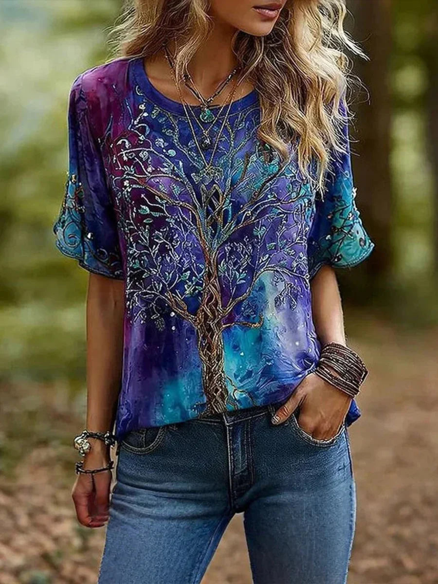 Gradient Tree Print Round Neck Short Sleeve T-Shirt