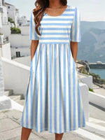 Blue Striped Round Neck Short Sleeve Dress