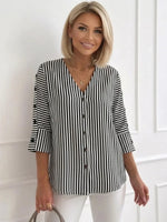 Black-white Striped V-Neck 3/4 Sleeve Blouse