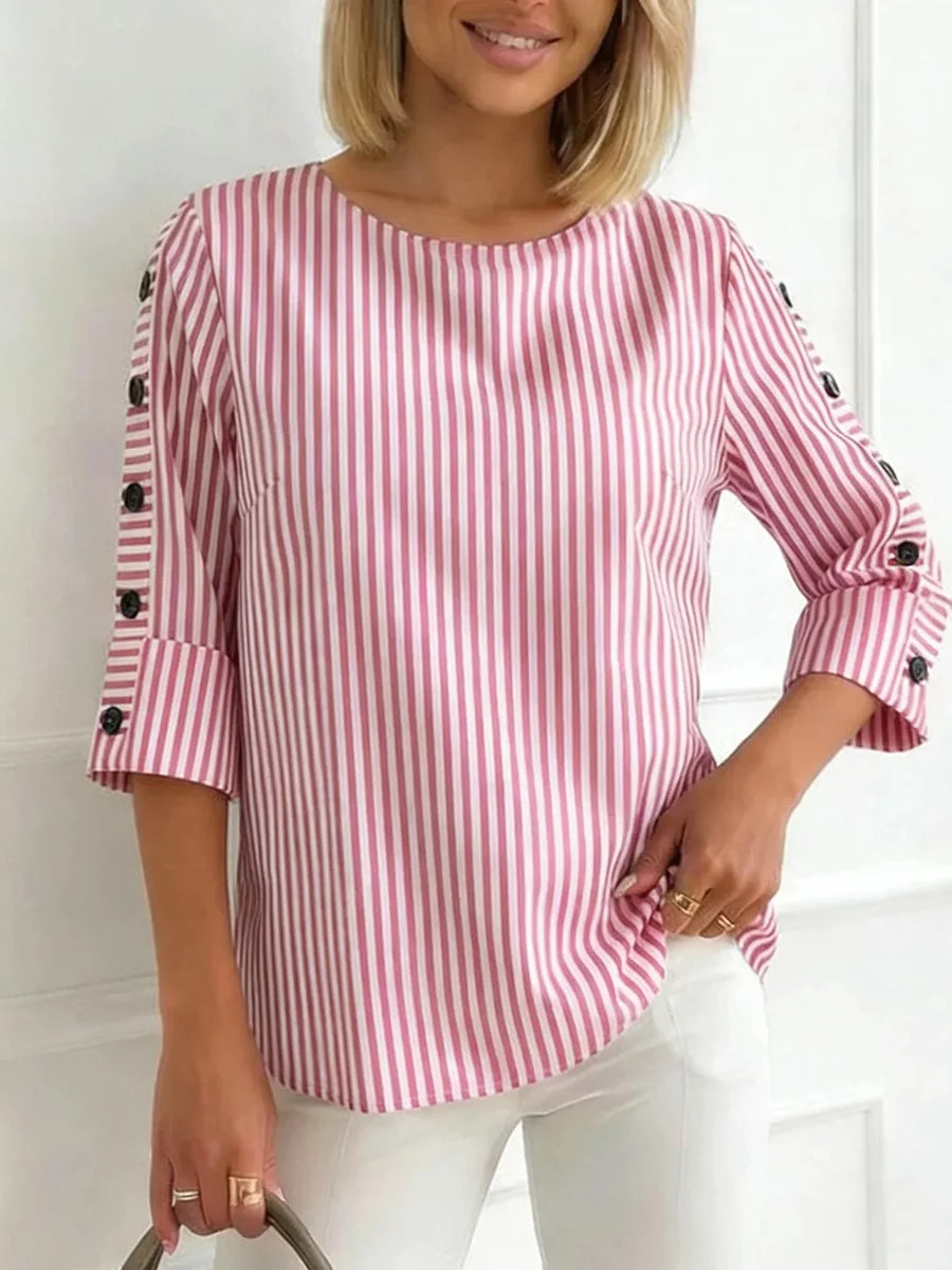 Pink Striped Round Neck 3/4 Sleeve Top