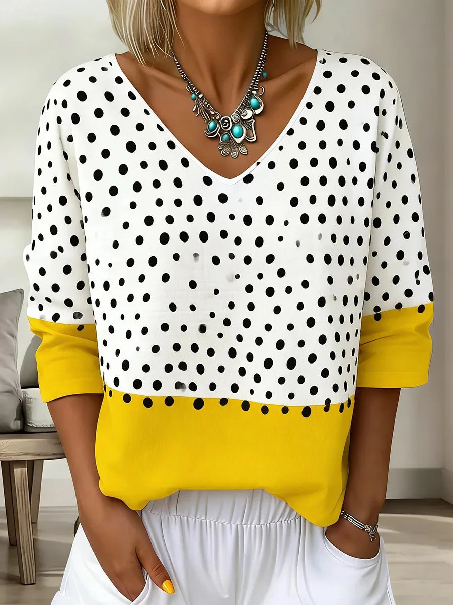 Polka Dot Color Block V-neck 3/4 Sleeve Top