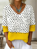 Polka Dot Color Block V-neck 3/4 Sleeve Top