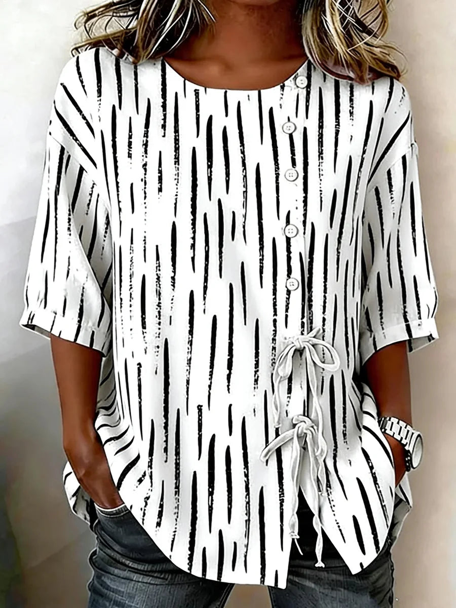Abstract Striped Round Neck Short Sleeve Top