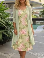 Chic Green Floral Print Midi Dress With Jacket