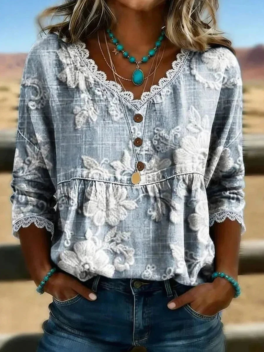 Fancy Floral Print V-neck 3/4 Sleeve Blouse