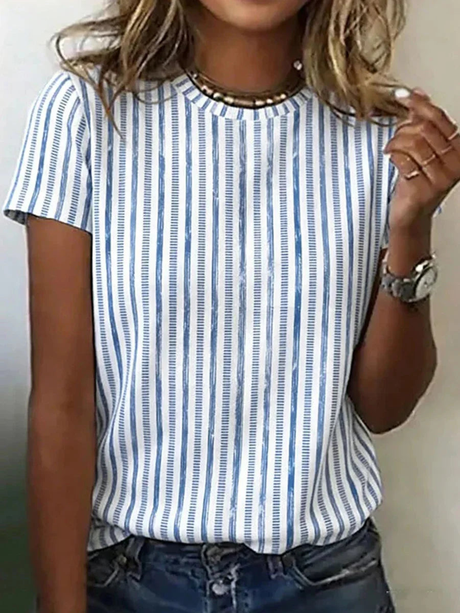 Blue Striped Round Neck Short Sleeve T-Shirt