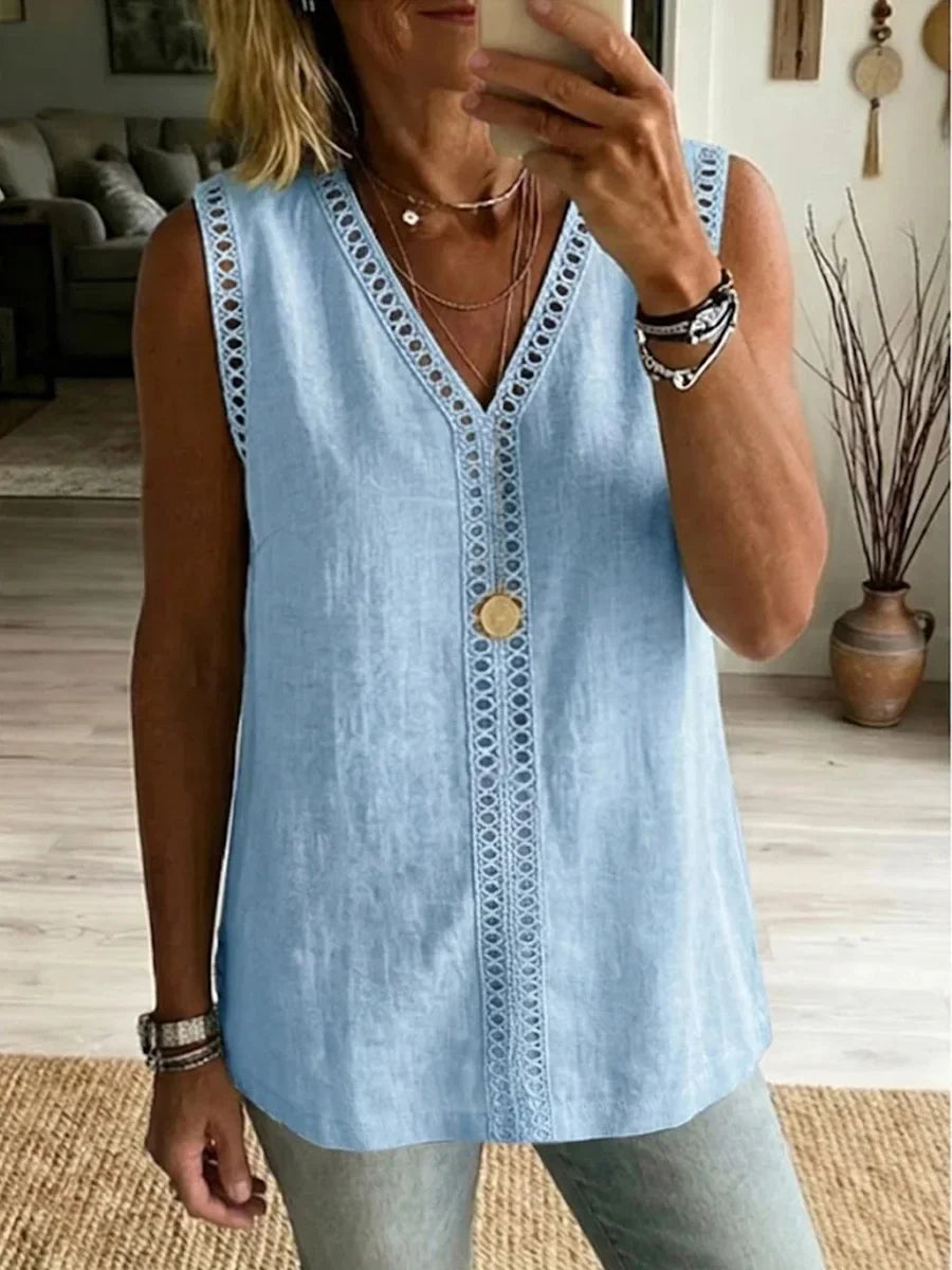Casual V-neck Sleeveless Patchwork Top
