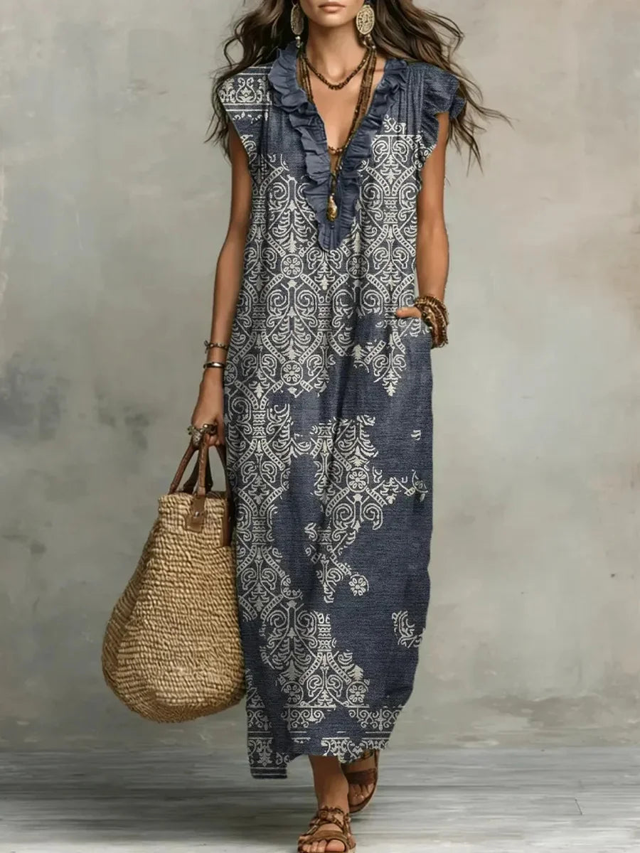 Women's Retro Print Casual V-neck Sleeveless Dress