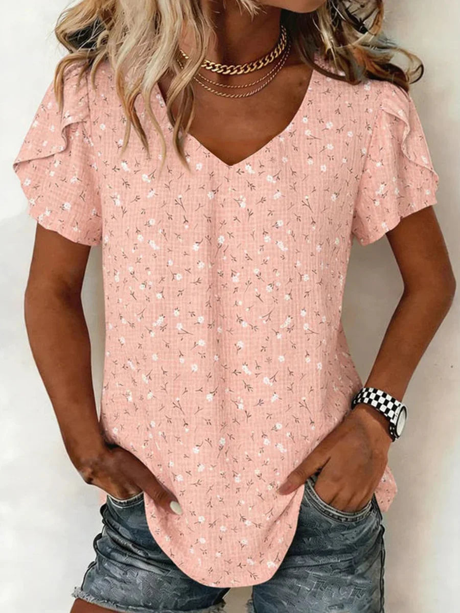 Pink Floral Print V-neck Short Sleeve Blouse