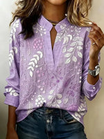 Purple Leaf Print V-neck Long Sleeve Blouse