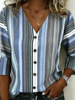Blue Striped V-neck 3/4 Sleeve Button Down Blouse