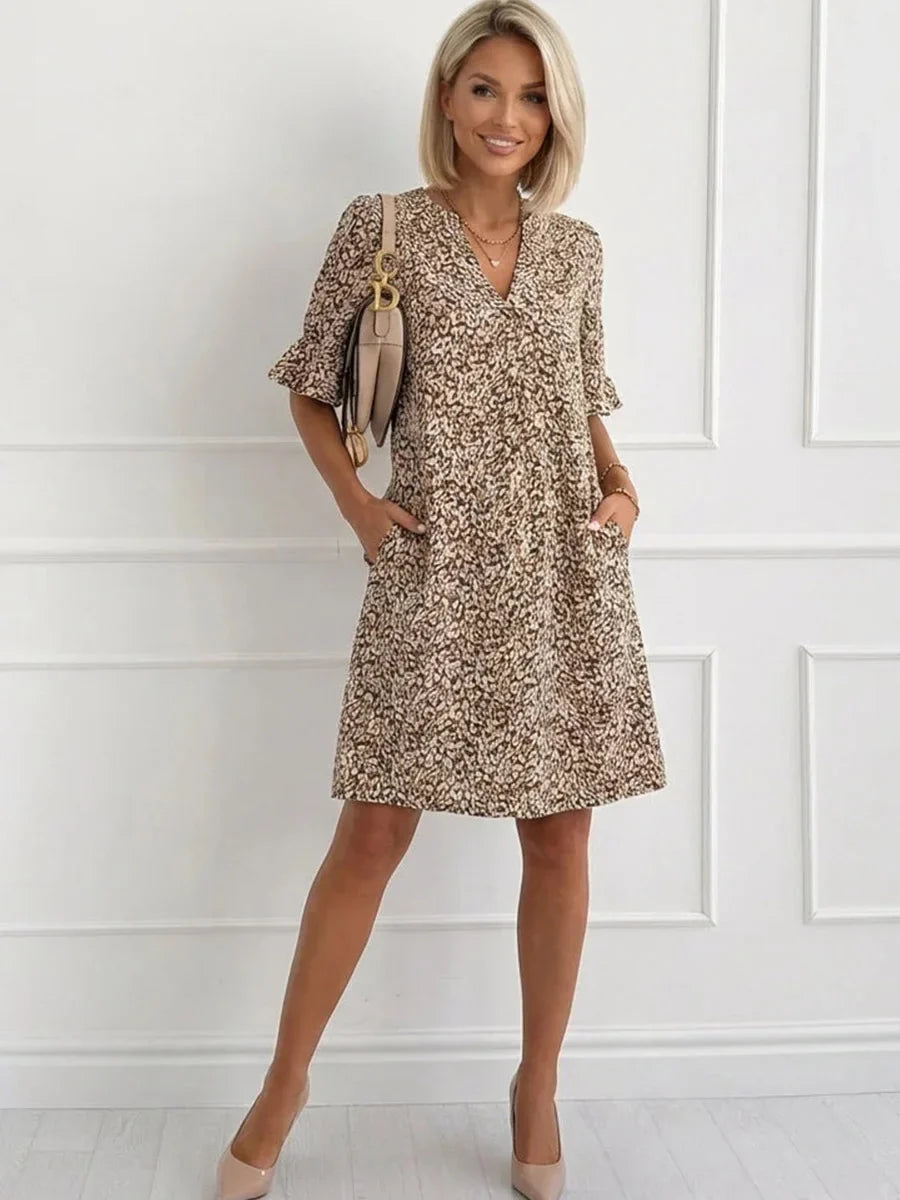 Earth-Tone Print V-neck Short Sleeve Mini Dress