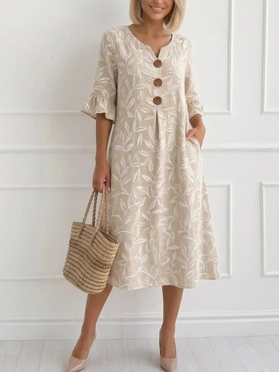 Chic Leaf Print Half Sleeve Midi Dress