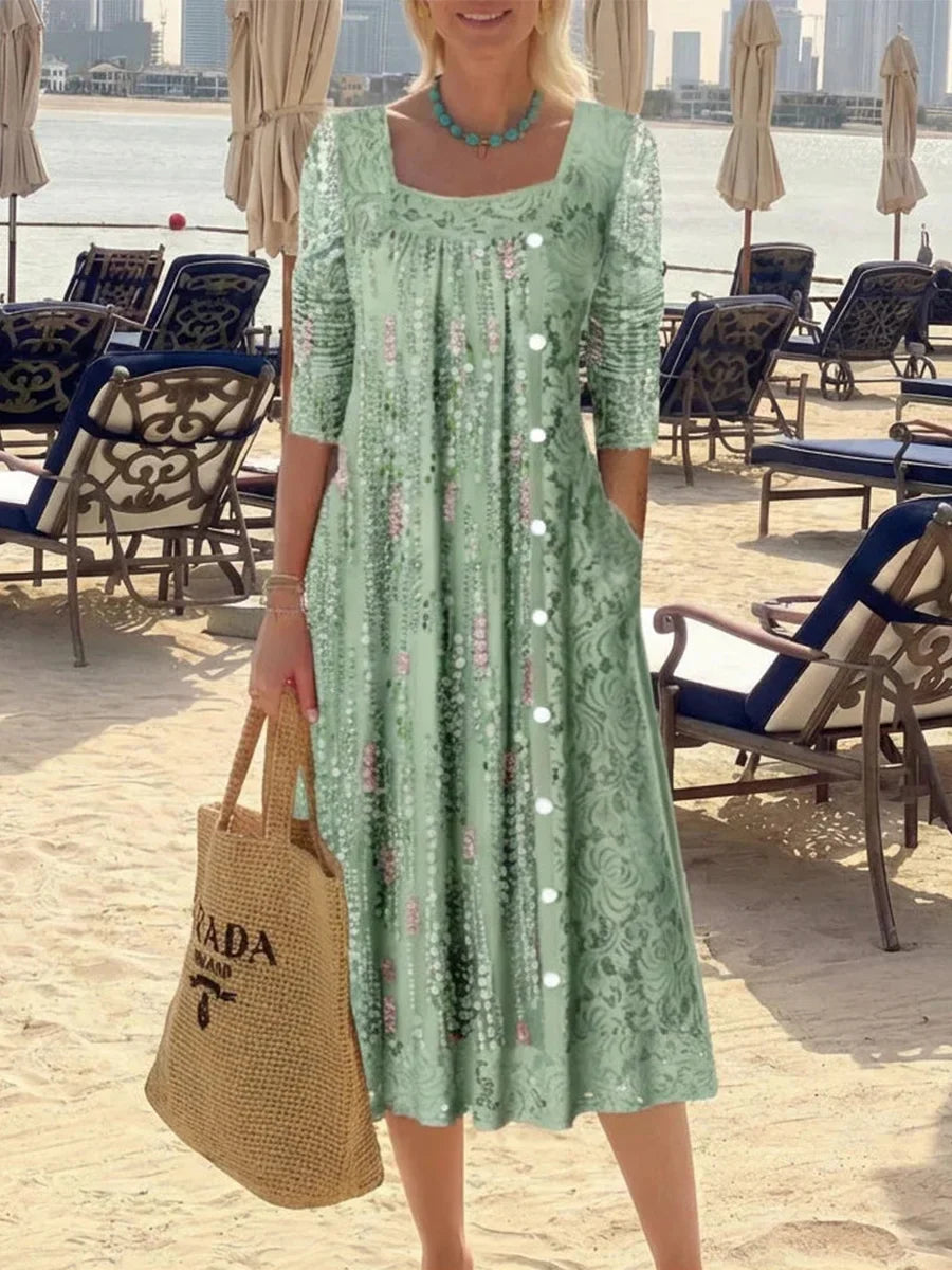 Green Square Neck Long Sleeve Midi Dress