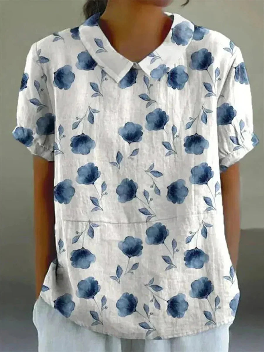 Blue Floral Print Short Sleeve Blouse