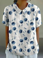 Blue Floral Print Short Sleeve Blouse