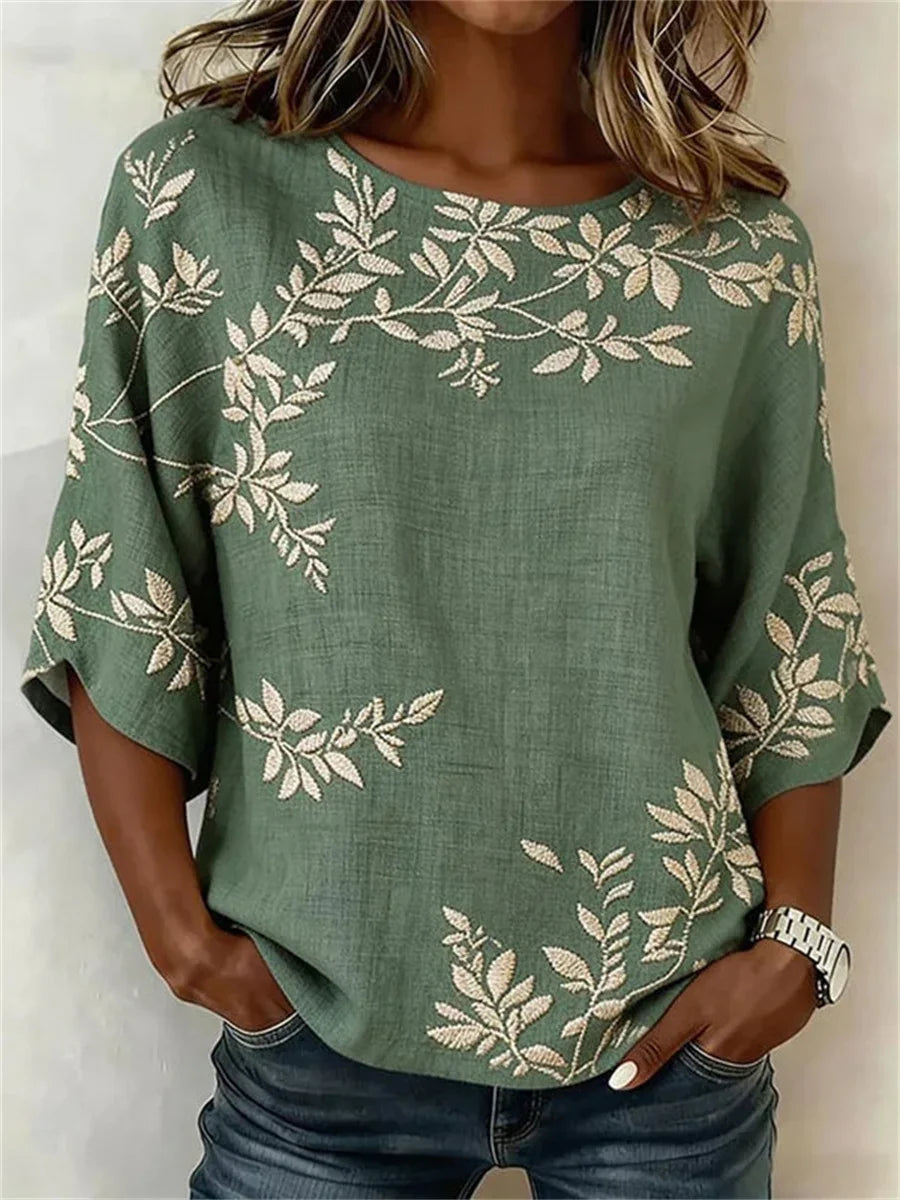 Leaf Print Round Neck Half Sleeve Blouse