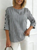 Casual Striped Round Neck 3/4 Sleeve Blouse