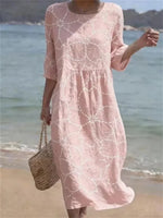 Casual Floral Print Round Neck 3/4 Sleeve Dress