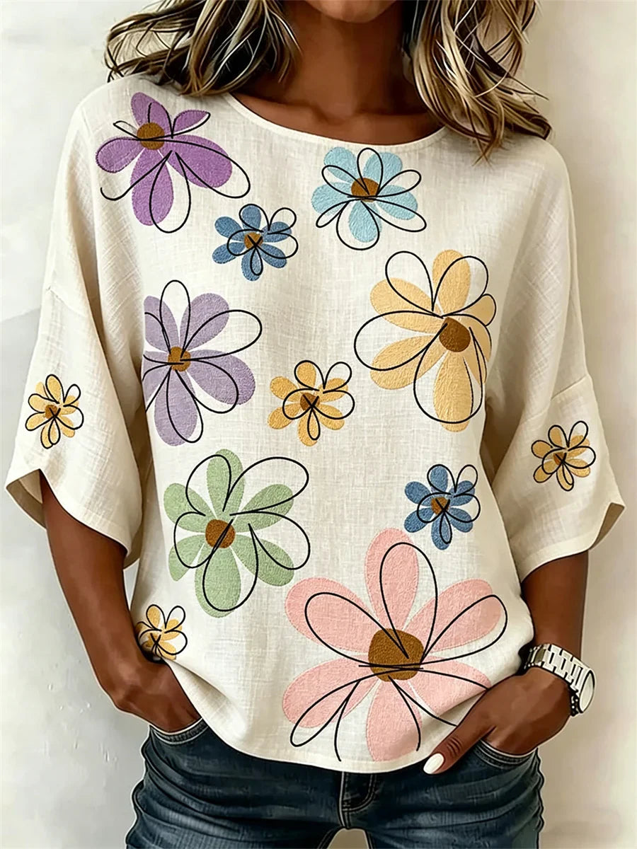 Crew Neck 3/4 Sleeve Floral Print Lightweight Loose Shirt