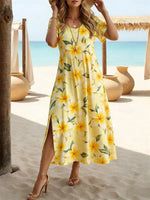 Women Floral Print Crew Neck Short Sleeve H-Line Dress