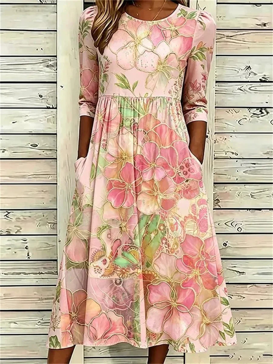 Women Floral Print Crew Neck Half Sleeve A-Line Dress