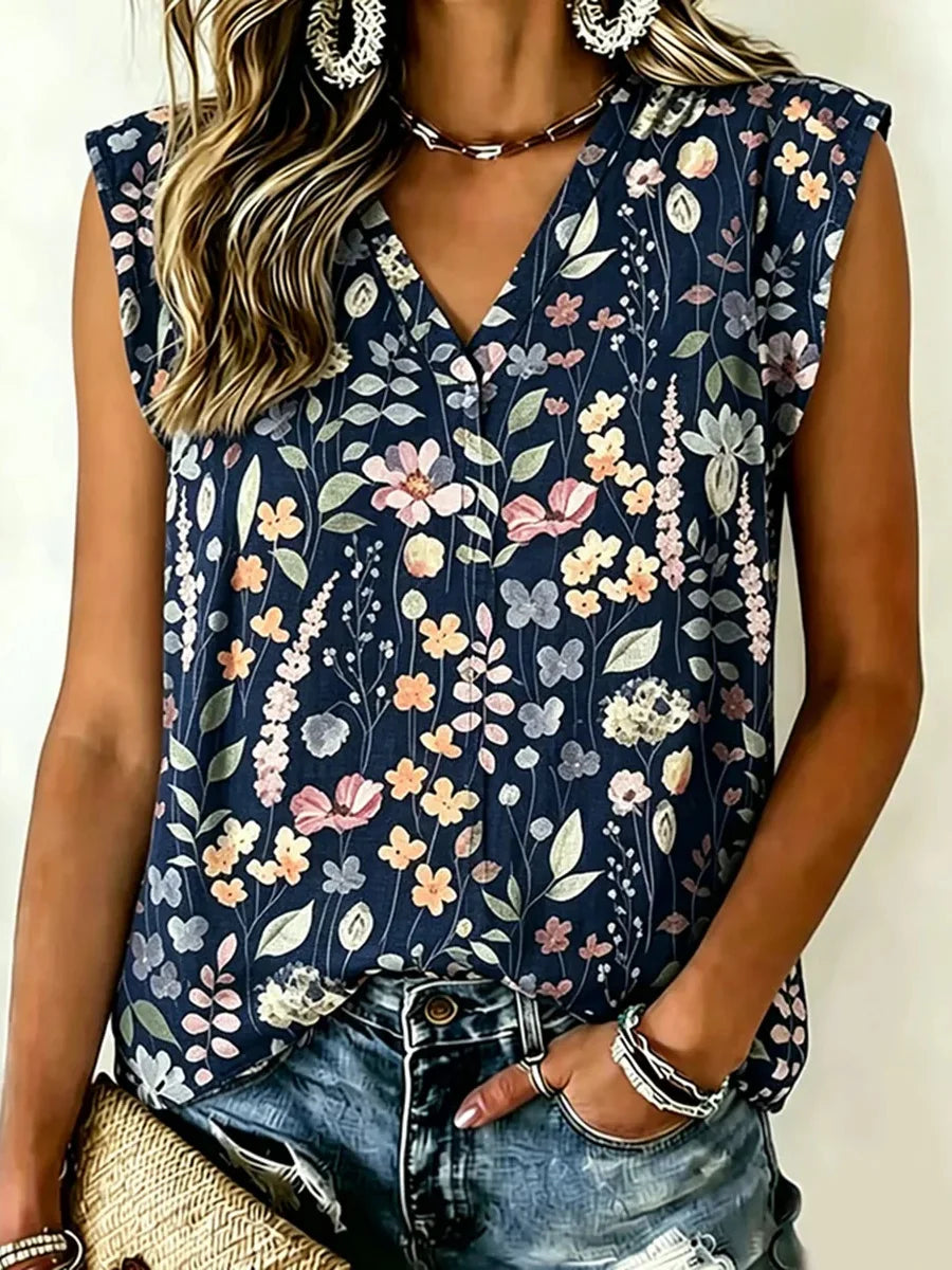 Navy Floral Print Sleeveless V-Neck Blouse