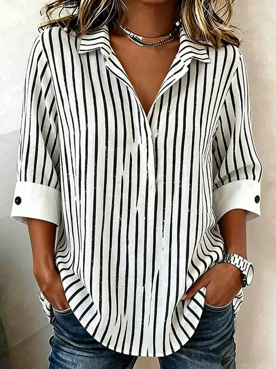 Black White Stripe Roll-Cuff 3/4 Sleeve Blouse