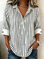Black White Stripe Roll-Cuff 3/4 Sleeve Blouse