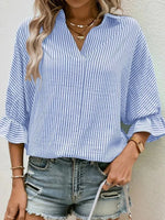 Blue Stripe V-neck 3/4 Sleeve Ruffle-Cuff Blouse