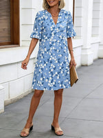 Light Blue Floral Print Ruffle-Sleeve V-Neck Shift Dress